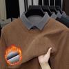 Men's Winter 2025 Faux Two-Piece Fleece-Lined Sweatshirt, Solid Color, Turn-Down Collar, Thick and Warm Long-Sleeve.