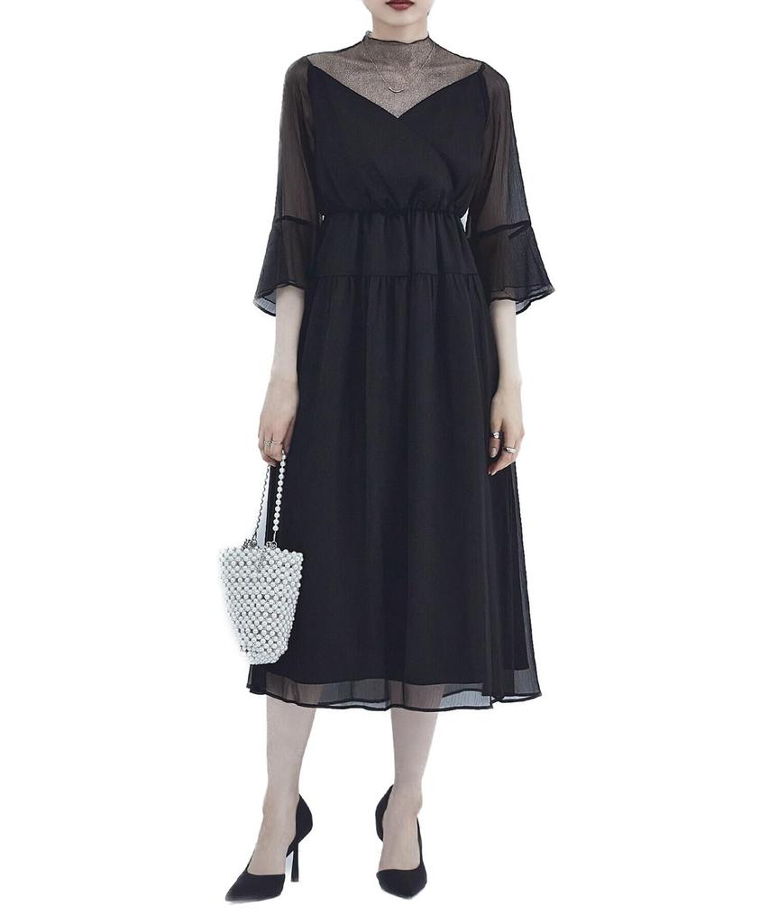 Tulle Chiffon Dress One Piece Black S [Etoll] Lamé Women's Cache-Coeur