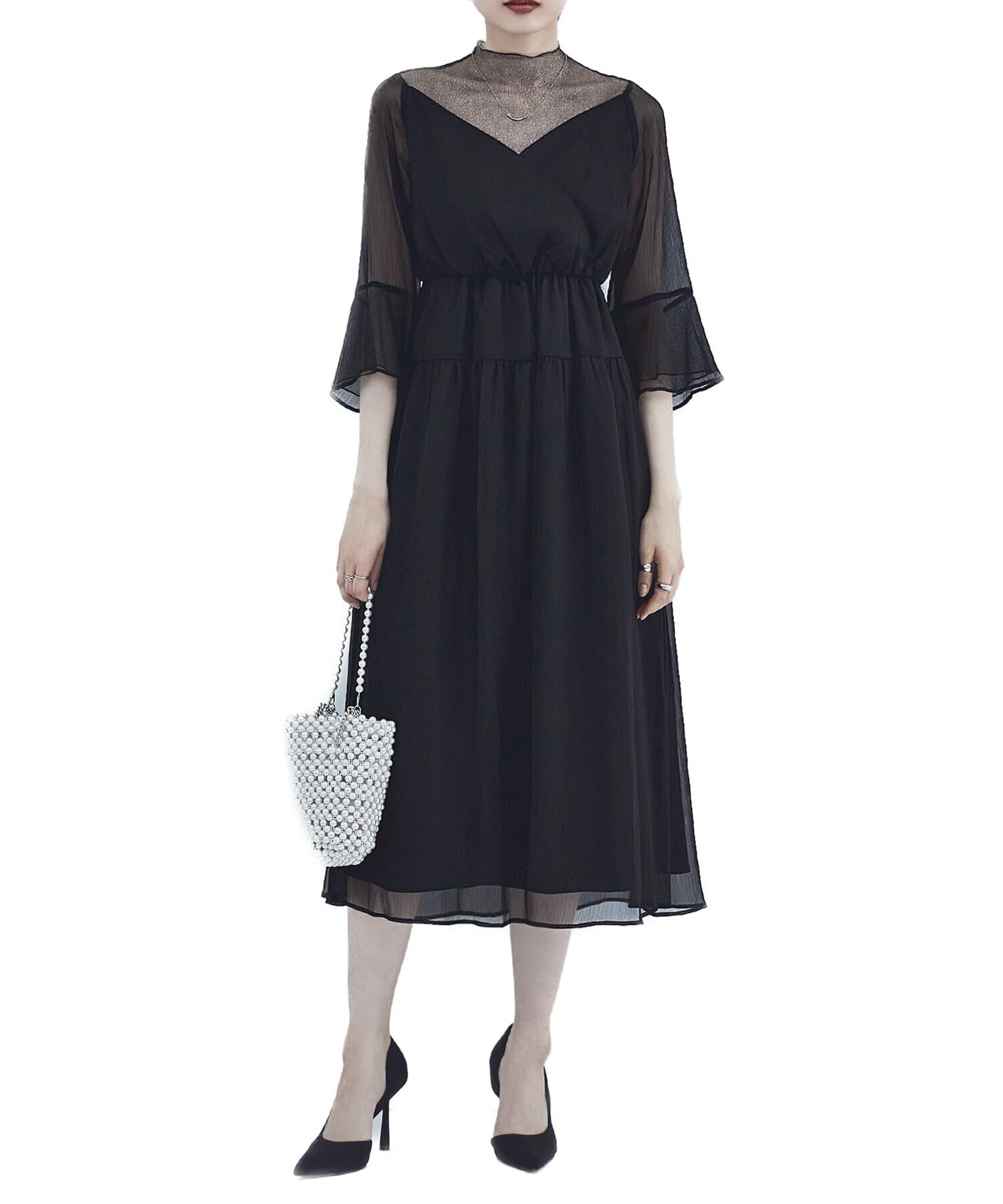 

Тюлевое шифоновое платье Цельное Черное S [Etoll] Ламе Женское Запах чёрный