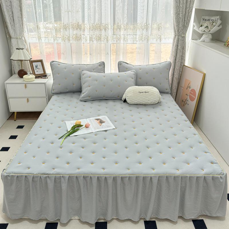 Solid color embroidery thickened bed skirt clipped with cotton soft and vertical elegant without deformation bed skirt