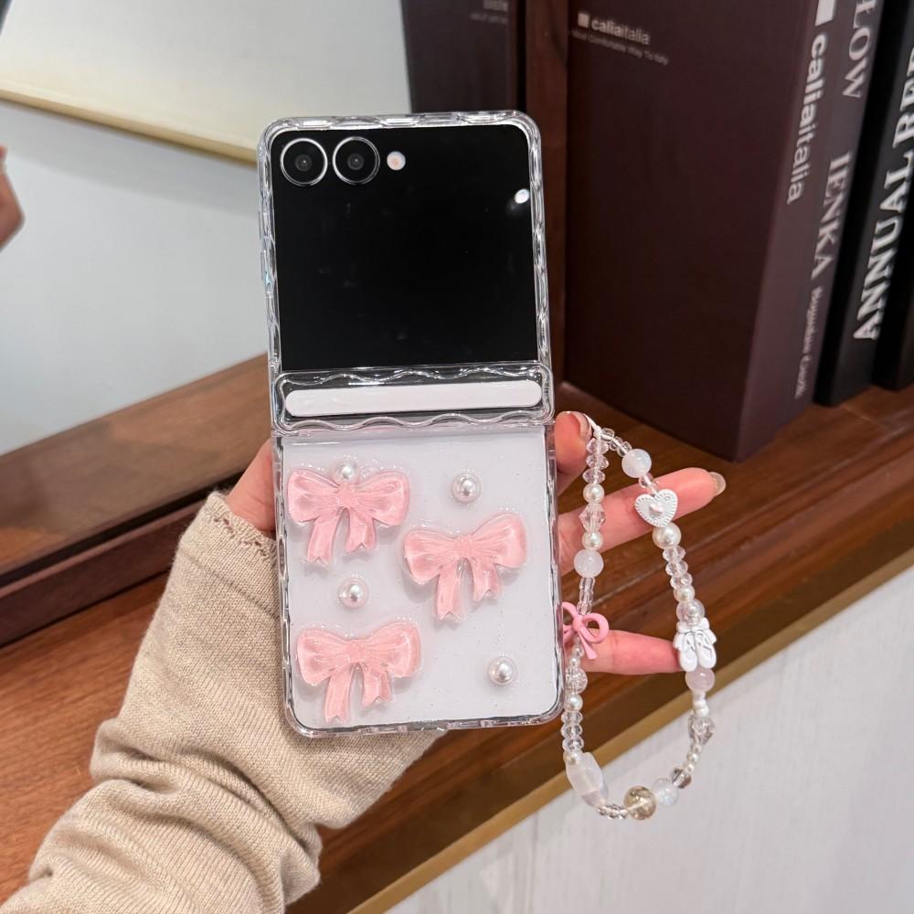 3D Bow For Samsung Galaxy Z Flip 5 6 7 5G Bracele Case Hinge Magnetic PC Shell Shockproof Protective Transparent Back Cover