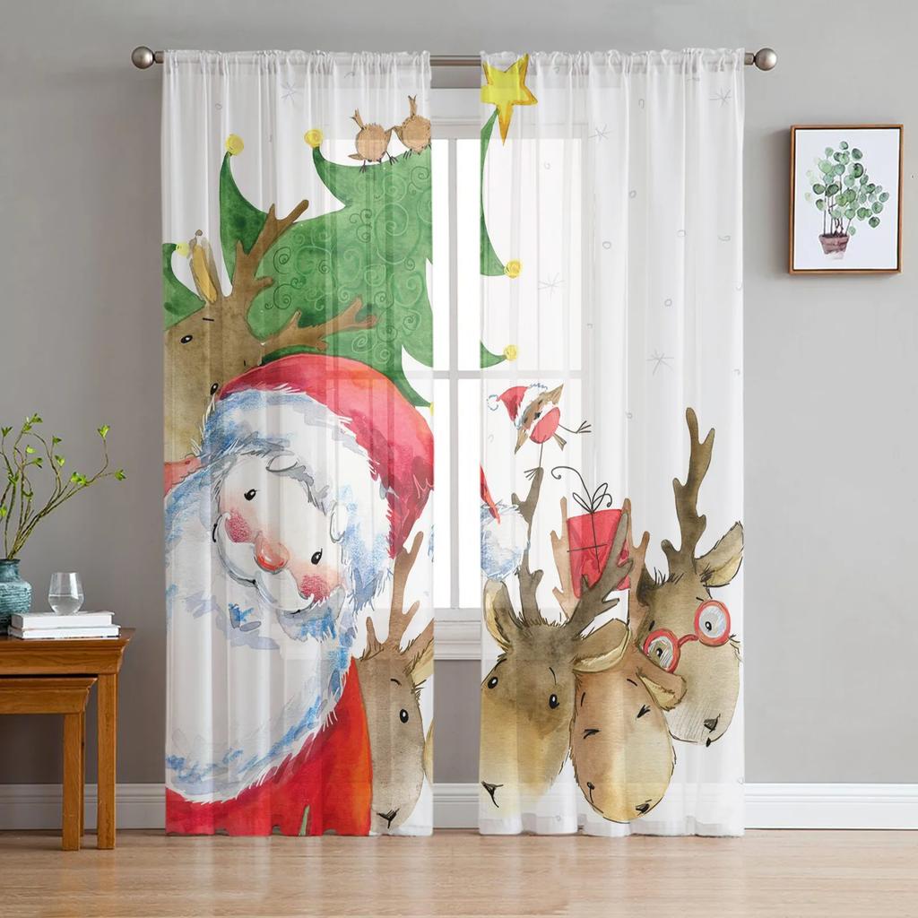 Christmas House Santa Claus Snowman Elk Sheer Voile Curtains Living Room Bedroom Window Drapes Balcony Screen Tulle Curtains