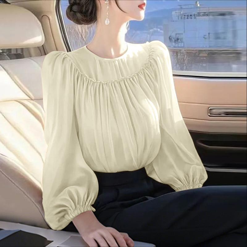 

ZANZEA Женская повседневная блузка с круглым вырезом, однотонная, с длинным рукавом 3XL абрикосовый