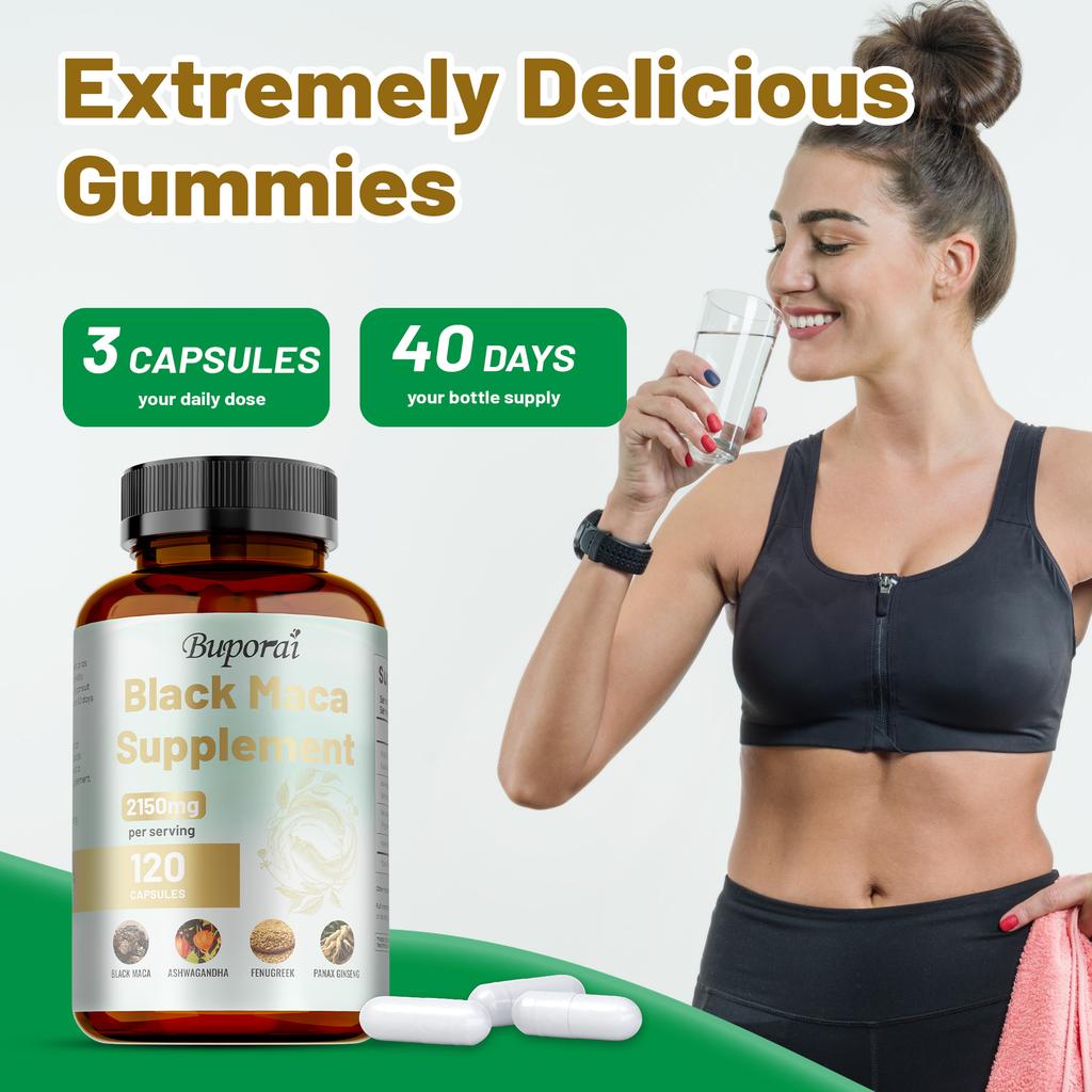 Organic Black Maca Capsules Containing Ashwagandha and Fenugreek Extracts, 2150 Mg Per Serving, an Energy Supplement.