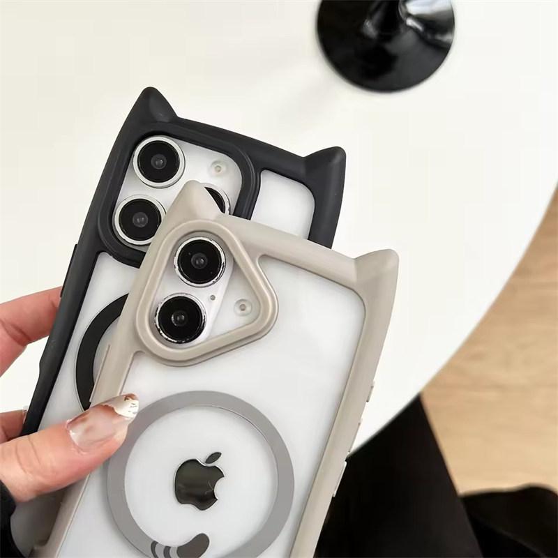 3D Cat Ear Magnetic Charging Case for IPhone 17 16 15 14 13 12 11 Pro Max 16 Plus 12 13 Mini 17Air Transparent PC TPU Armor Cover