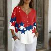 Women's V-Neck Button Three-Quarter Sleeve Casual Independence Day Print Pullover T-Shirt