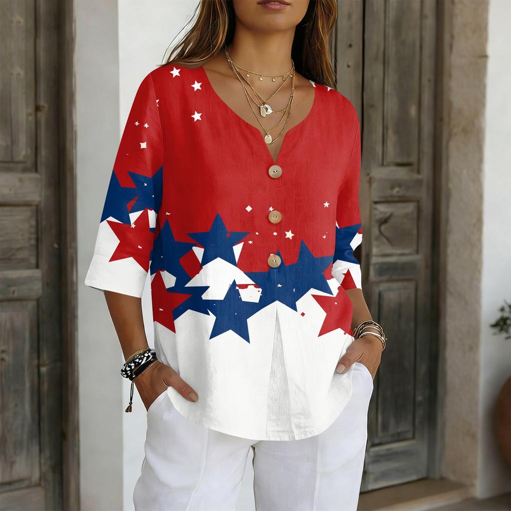 Women's V-Neck Button Three-Quarter Sleeve Casual Independence Day Print Pullover T-Shirt