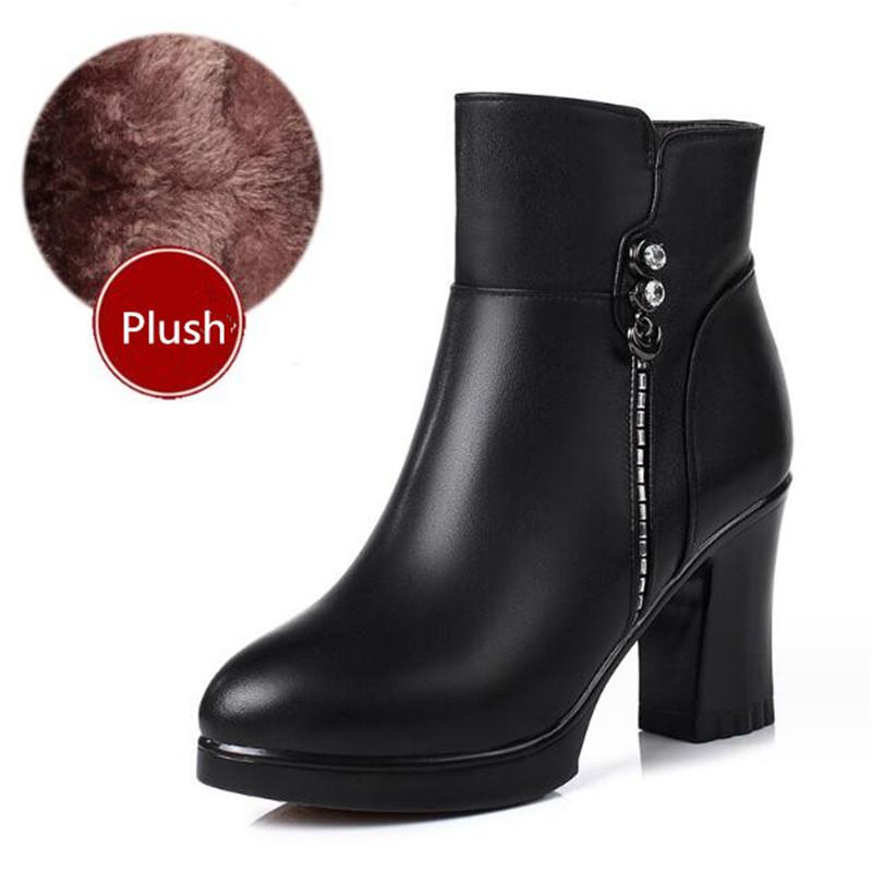 Genuine Leather Winter Women Boots Warm High Heels Ankle Boots Women Thick Wool Warm Snow Boots Woman 2025 Elegant High Heels