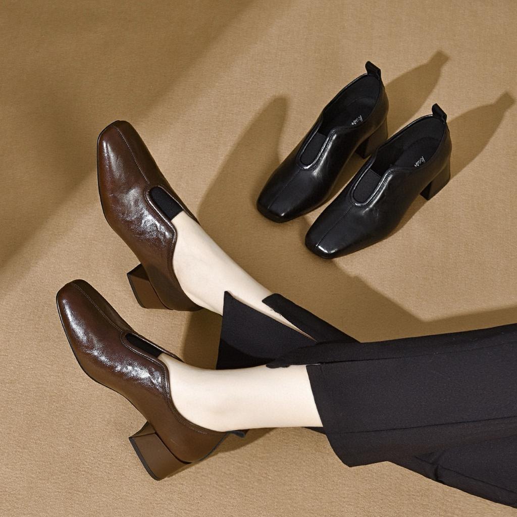 Square head high heels women's autumn new simple temperament deep mouth single shoes elastic thick heel women's shoes