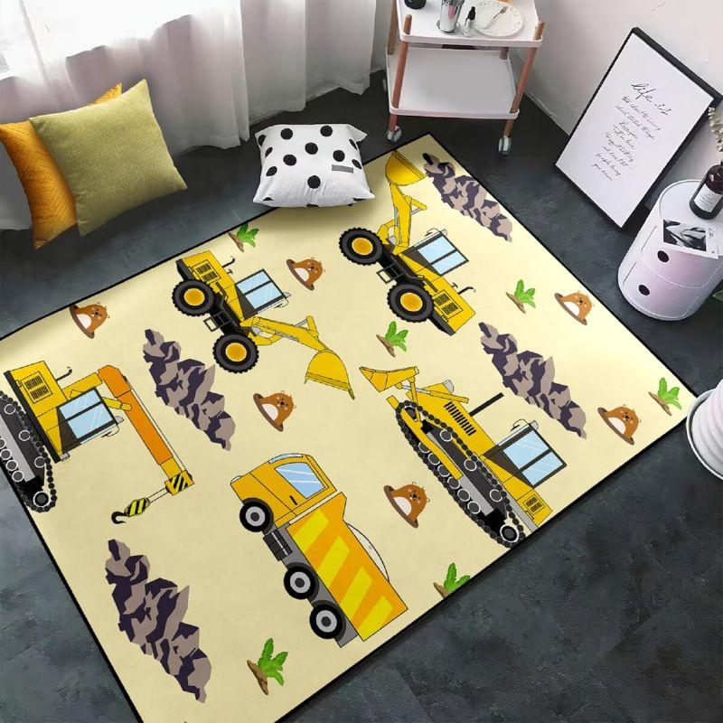 Construction Rugs for Boys Room Construction Play Non Slip Flannel Carpet for Playroom Decor Rug with Truck Tractor Print Mat