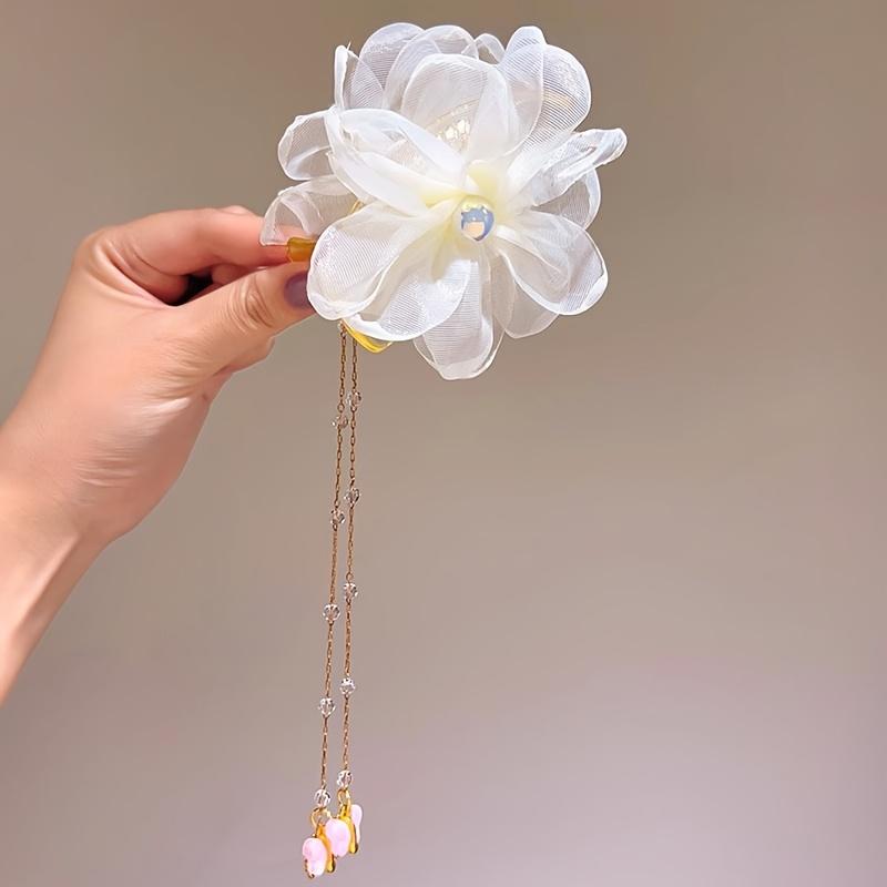 

Cute Flower Tassel Hairpin - Pink Organza, Lovely Updo Hair Clip For Girls For Kids Good Gift Nice Decor Safe Use