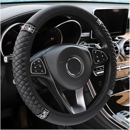Bling Soft Leather Steering Wheel Cover, 15 Inch Colorful Rhinestones Auto Elastic Steering Wheel Protector, Sparkly Crystal Diamond For Women Girls,