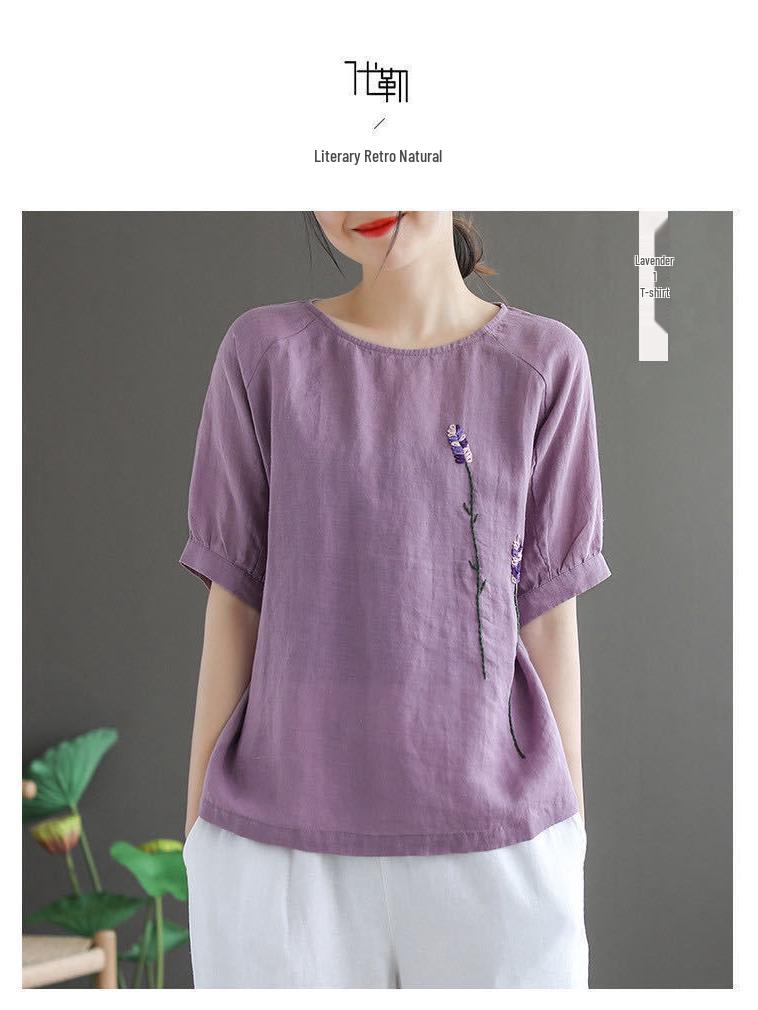 Women's Retro Floral Embroidered Cotton Linen Short-Sleeve Loose T-Shirt