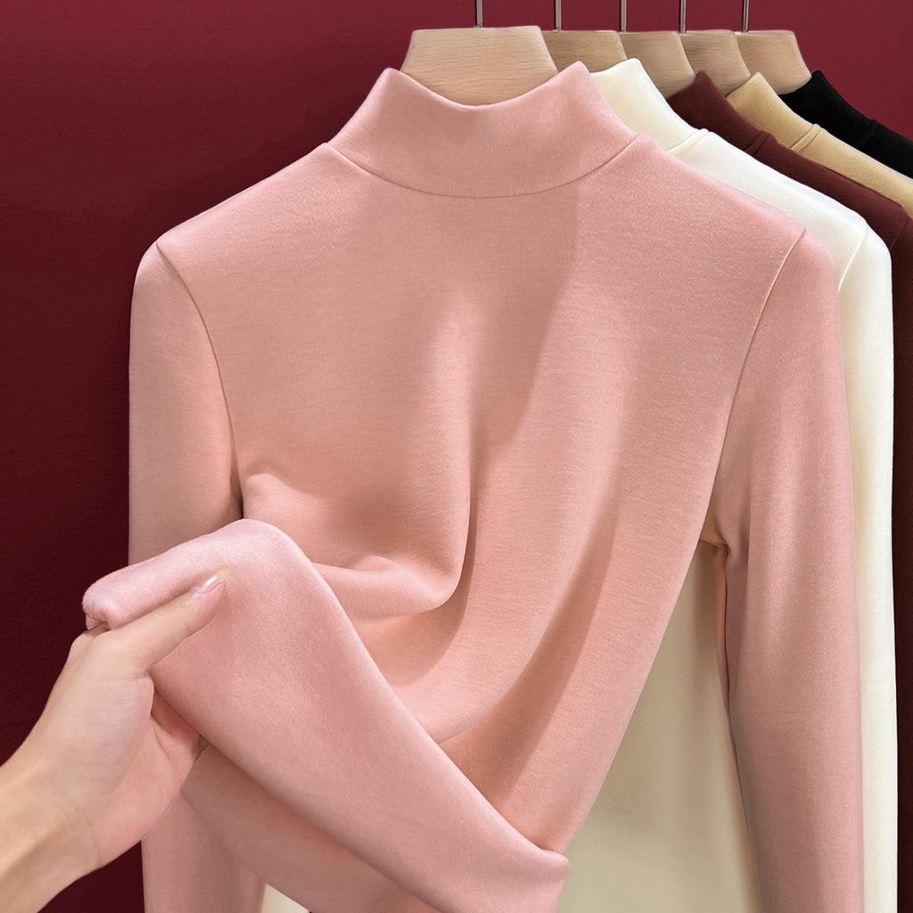Semi-turtleneck silk thermal underwear women's top, piled and thickened inside, including wool bottoming shirt, heating autumn clothes winter