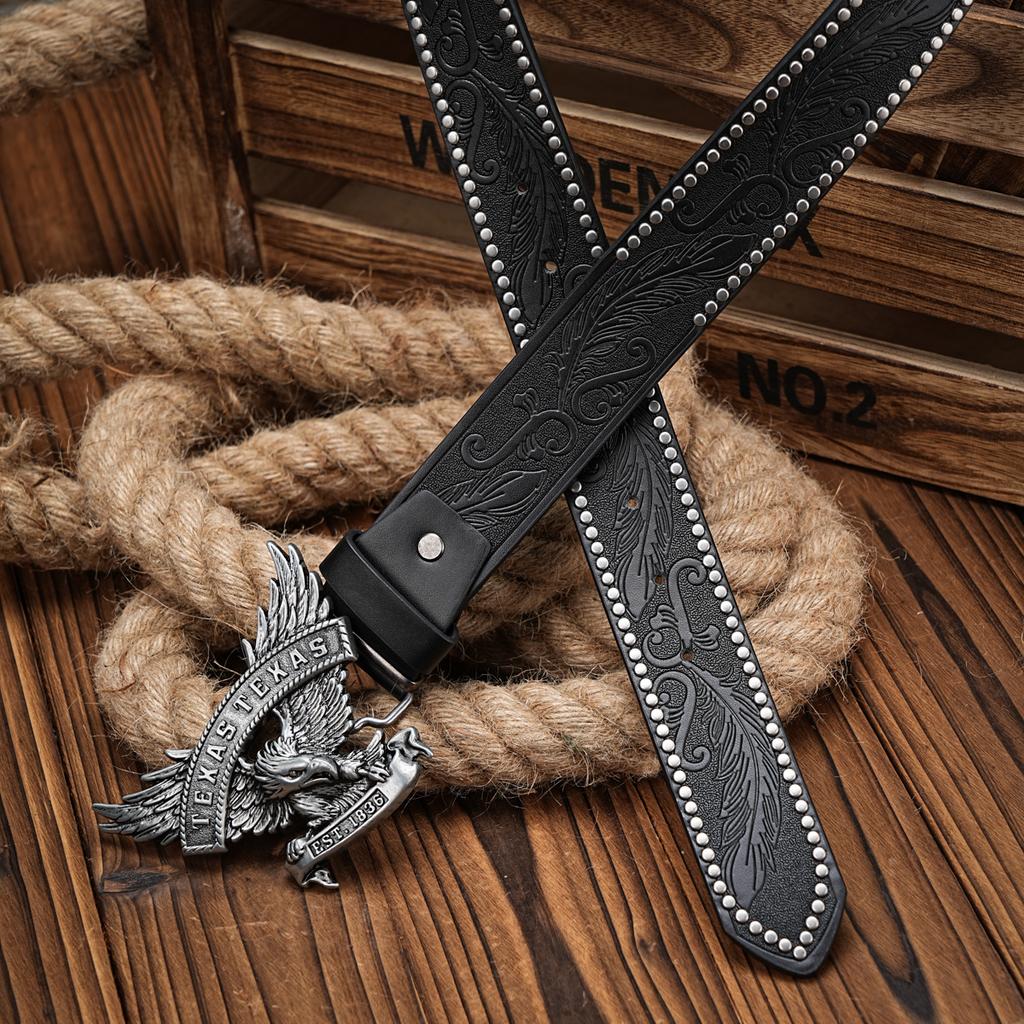 Men & Women-Western-Cowboy-PU Leather-Belts - Vintage horse Belt Floral Engraved Buckle Belt for Jeans