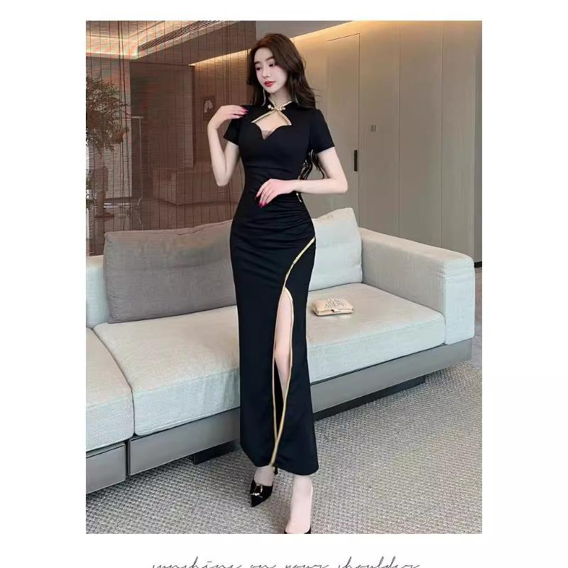 Evening dress dress new temperament retro split cheongsam skirt night work foot bath technician work clothes long dress