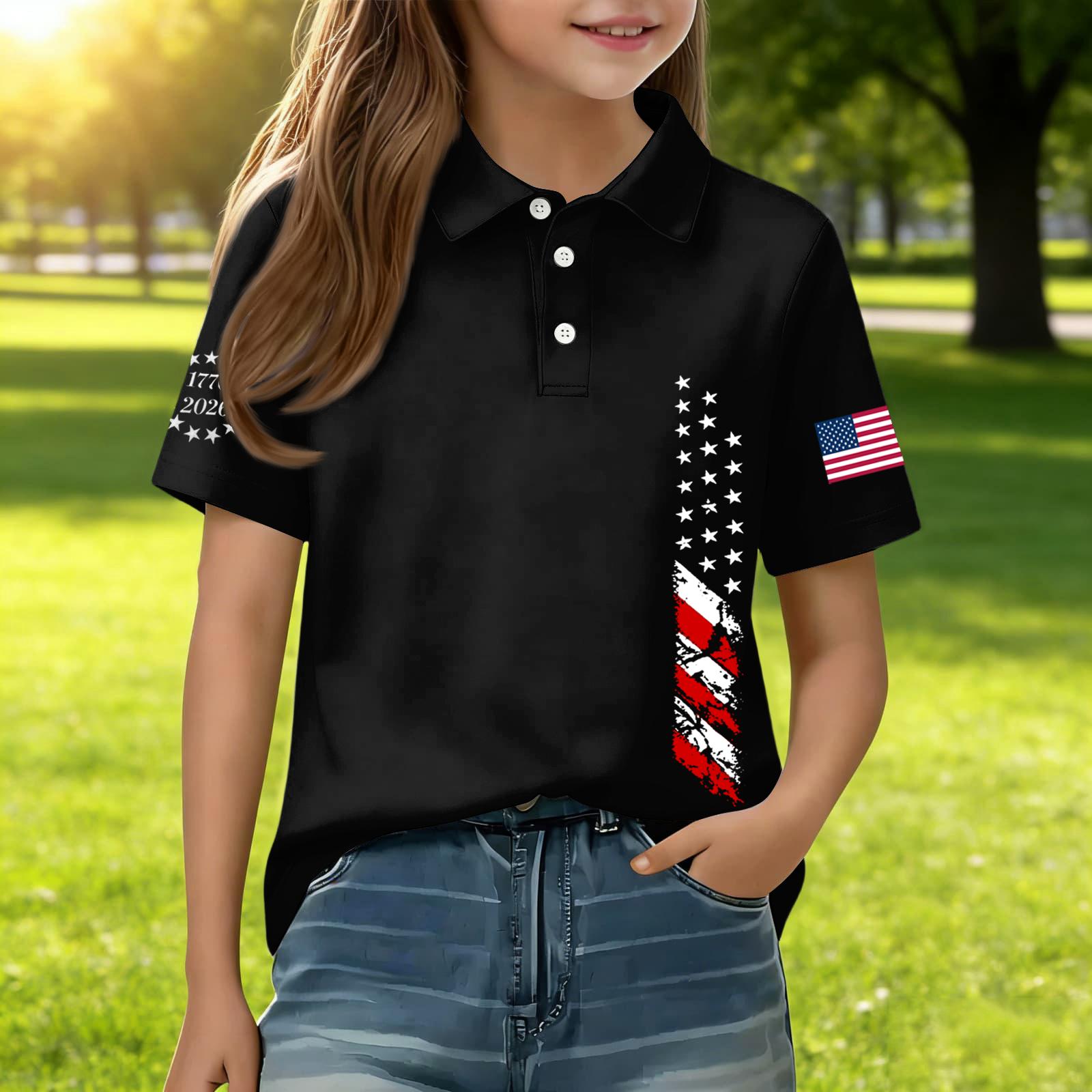 

Kids Casual Short Sleeve Polo Shirt with Patriotic Flag Print Lightweight Breathable Cotton Blend Summer Tee for Boys and Girls 160 чёрный