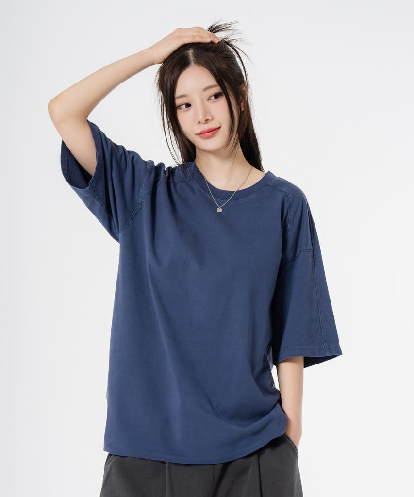 MOZMOZ Shoulder Cutout Plain Oversized Pigment Short Sleeve T-Shirt Blue