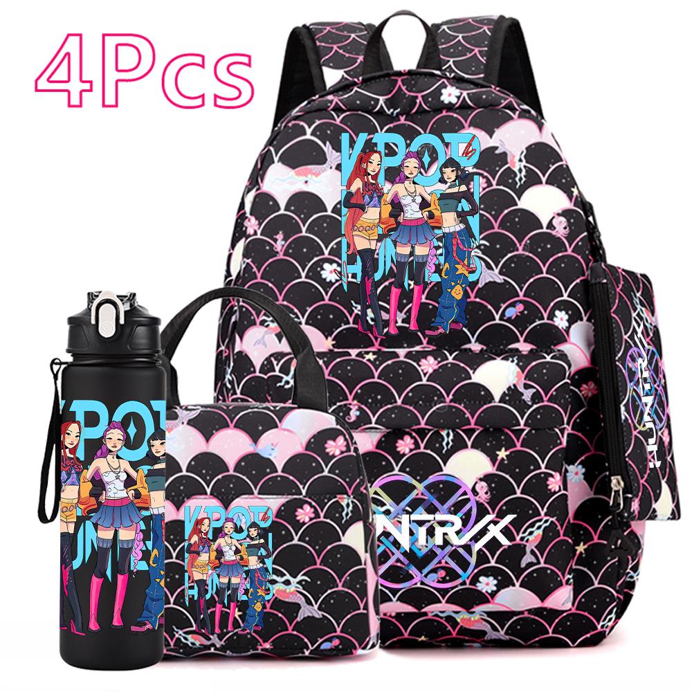 4Pcs/set Anime Cartoon Printed Backpack with Handbag Pencil Case 750Ml Water Bottler for Teenager Boy Girl Large Capacity Bookbag Schoolbag Mochila