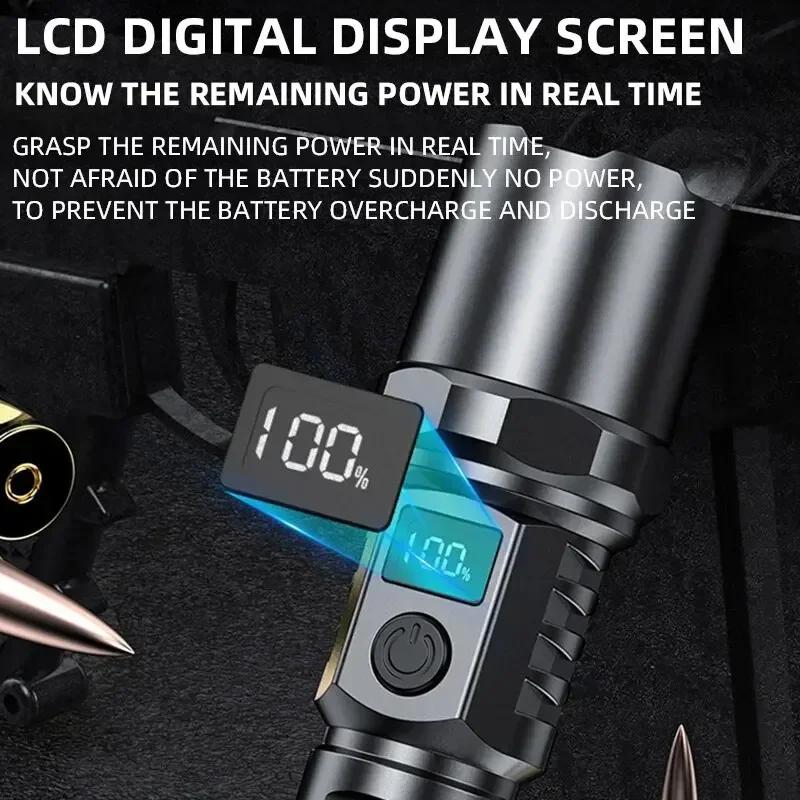 High Power XHP100 Led Flashlight Rechargeable Retractable Flashlight Digital Zoom Usb Hand Light for Camping,Outdoor and Emerge