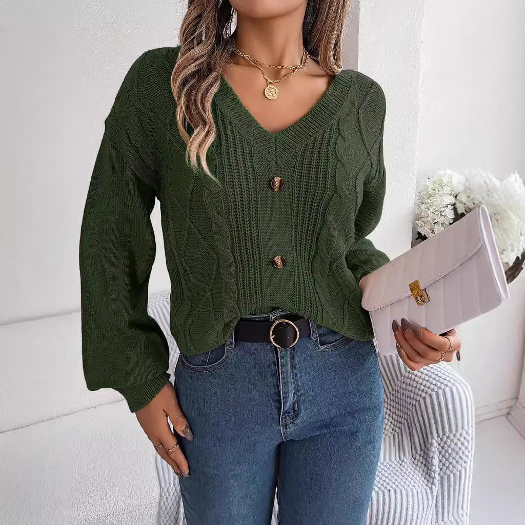 Women Knit Sweater V Neck Button Dough Sleeve Pullover Jumpers Winter Solid Color Knitwear Tops