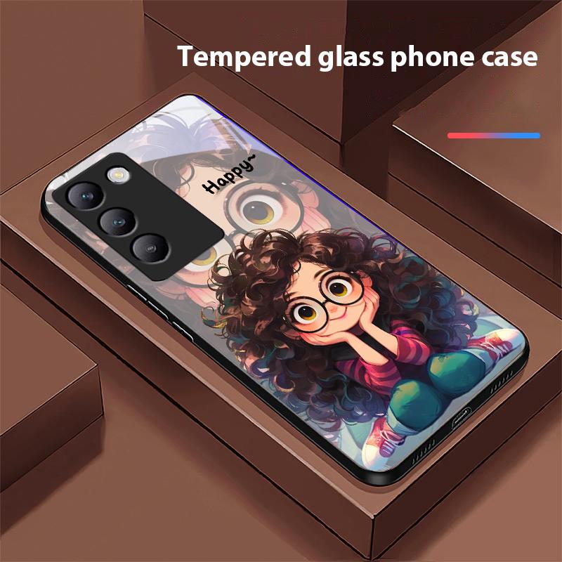 

Дівчина з кучерявим волоссям Для Y72 33S 11 03 36 96 Lite 35 16 Iqoo 12 V40 SE 5G 29 40 21 30 X80 Pro Vivo Загартоване Скло Чохол для Телефона Чорний For vivo Y16