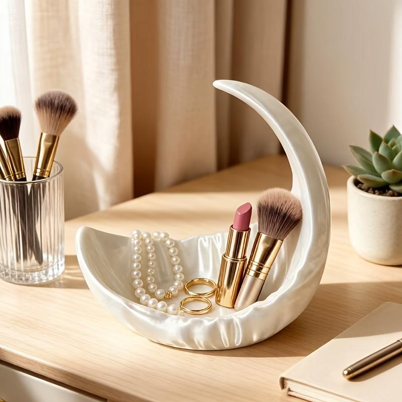 1Pc Pearl White Moon Jewelry Storage Tray, Nordic Light Luxury Desktop Decorative Display Tray, Suitable For Storing Rings, Earrings, Necklaces