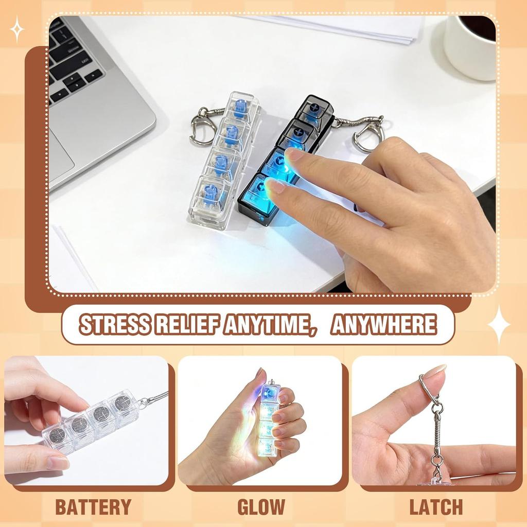 Mechanical Keyboard Switch Tester Keychain Fidget with LED Light DIY Keycap Stress Relief Clicker for Office Desk Anxiety Gift