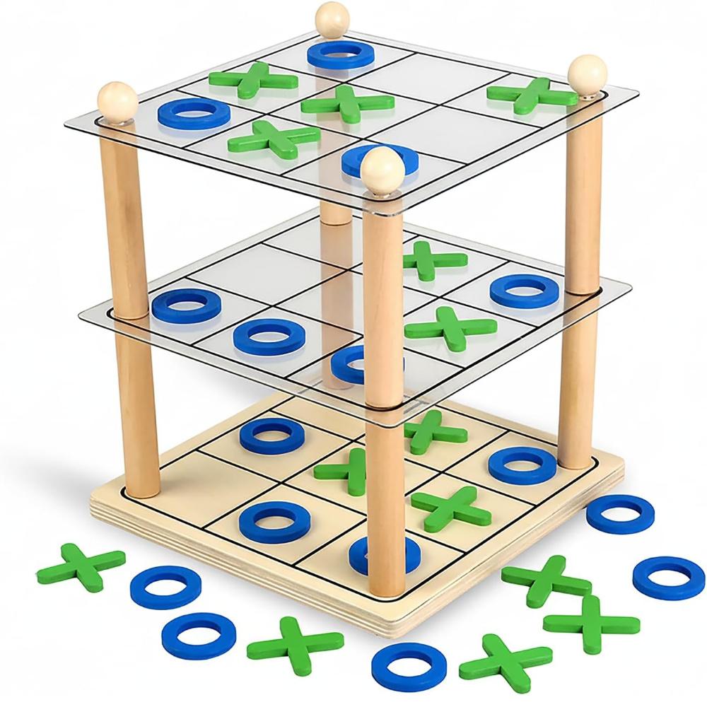 3D Ultimate Wooden Tic Tac Toe Board Game – Classic XO Strategy Game for Kids & Adults, Fun Family Table Games Night, разноцветный
