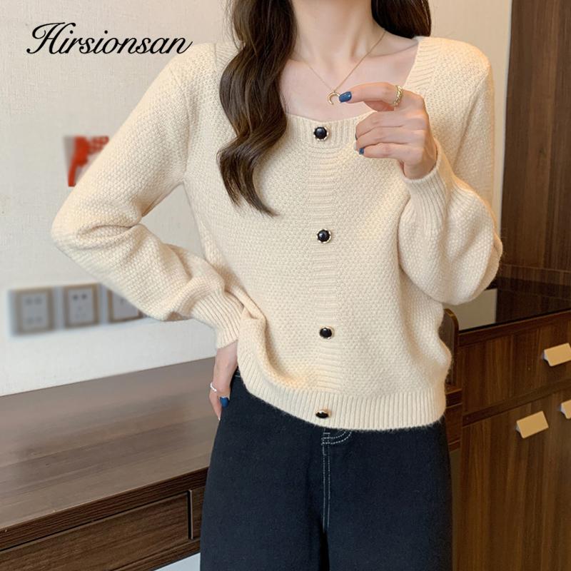 

Hirsionsan, осенний простой однобортный кардиган, женский повседневный однотонный нежный топ с длинными рукавами, женский свободный мягкий вязаный свитер с круглым вырезом