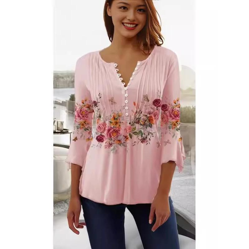 Moda Wiosna Lato Nowa Damska Koszulka Bazowa z Plisami i Guzikami z Dekoltem V i Krótkim Rękawem w Kwiatowy Wzór