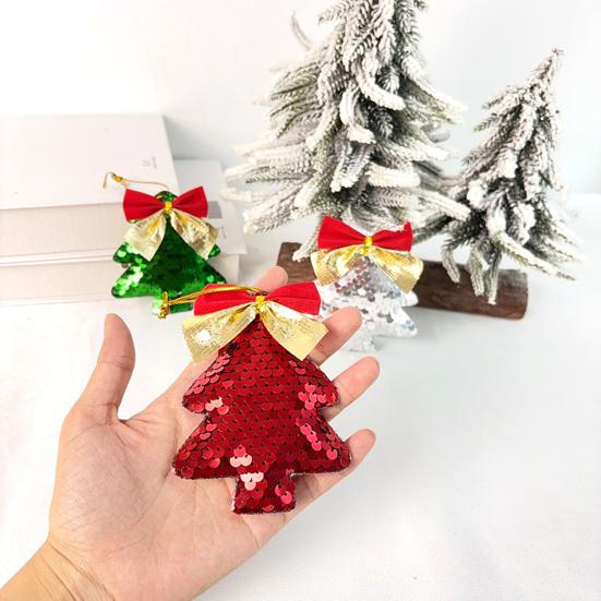 6Pcs Christmas Tree Ornaments Tree Shape Sequin Pendant with Bow for Christmas