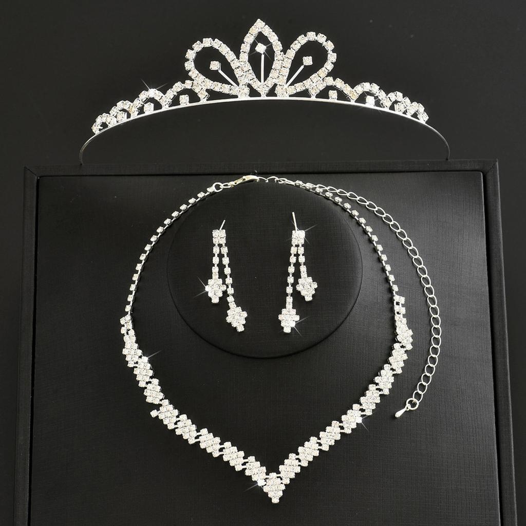 Bridal Tiara Crown Three-Piece Luxury Atmospheric Wedding Jewelry Set Premium Necklace Earrings Crown