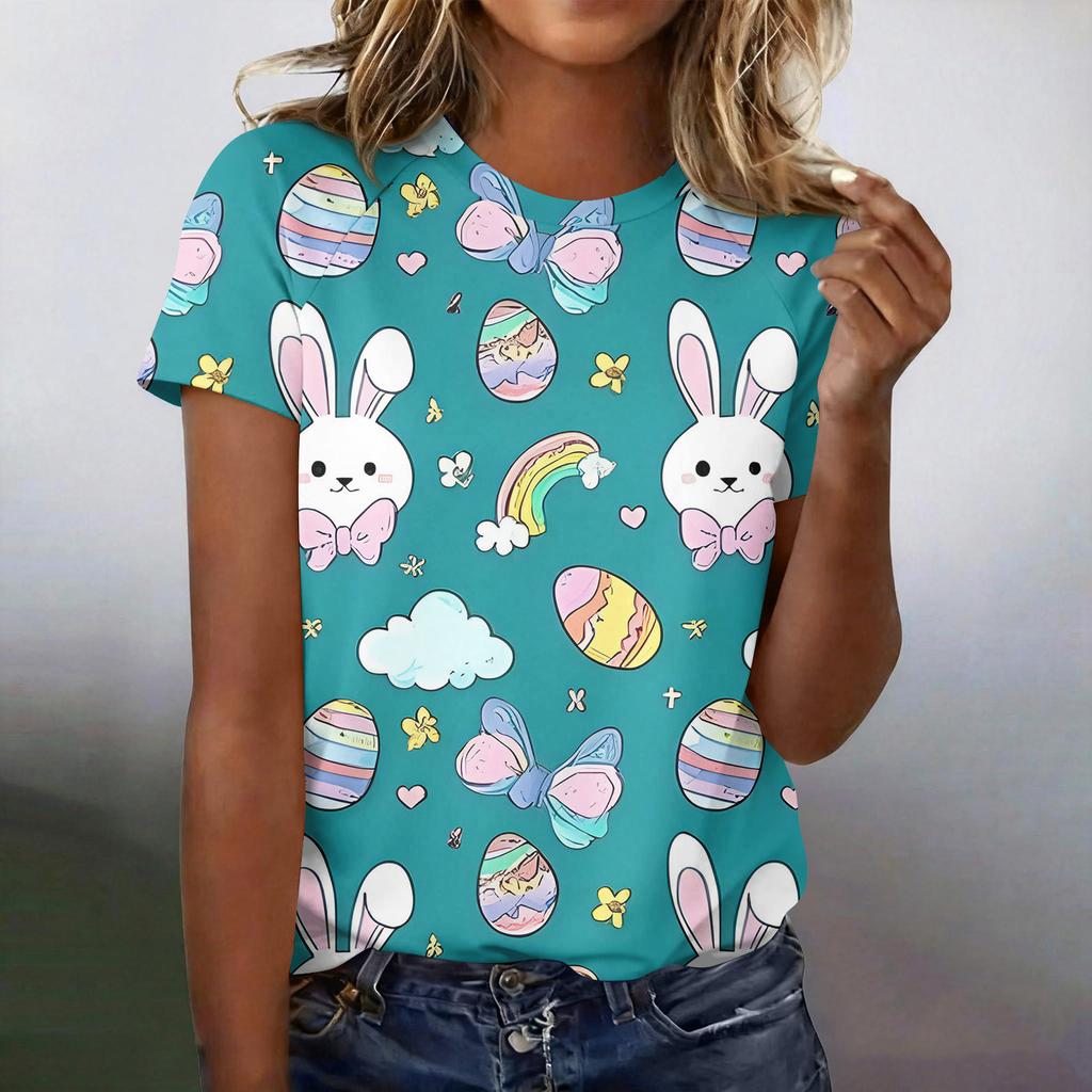 Women's Fashionable Casual Short-Sleeved Raglan Sleeve Easter Print T-Shirt Top