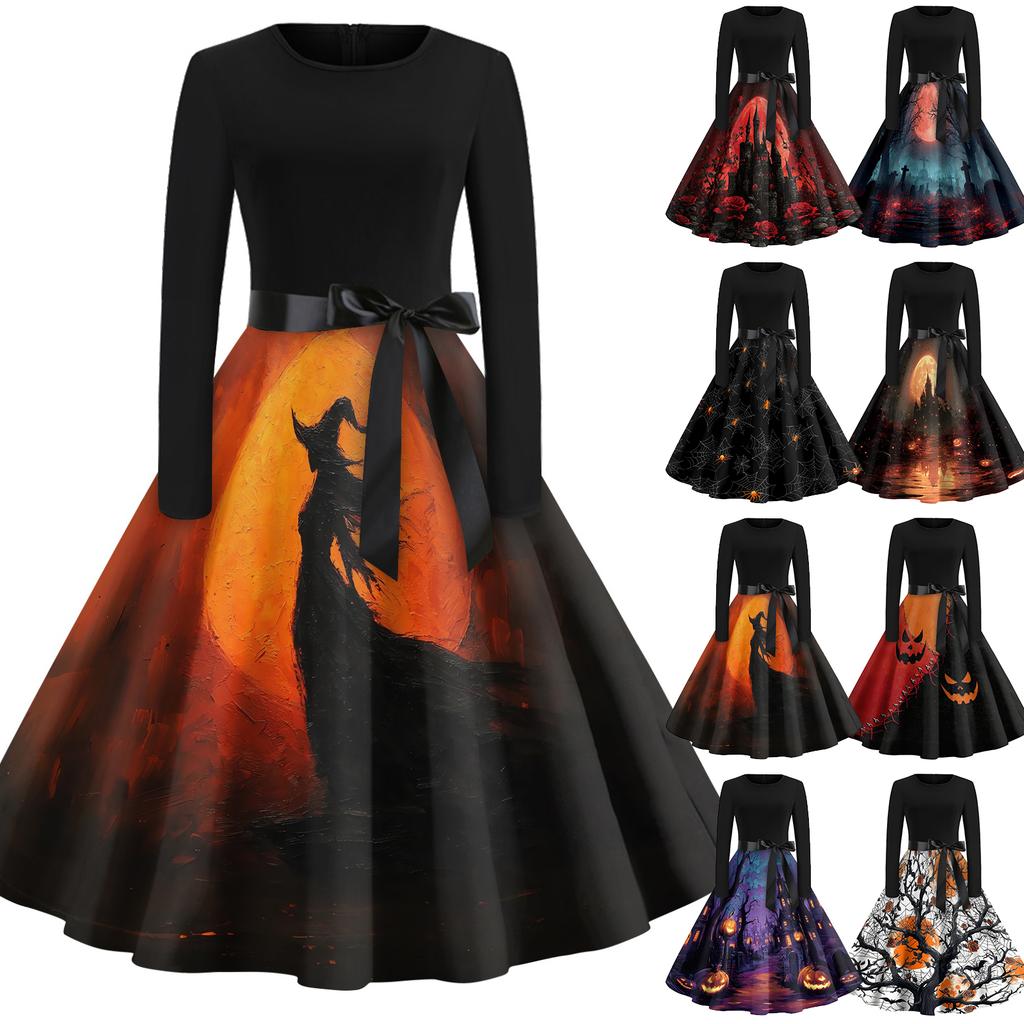 Women's Halloween Print Round Neck Dress, Vintage Casual Swing Dress for Party