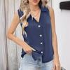 Women Summer New Style Solid Color V Neck Loose Chiffon Shirt Sleeveless Button Down Vest Blouse