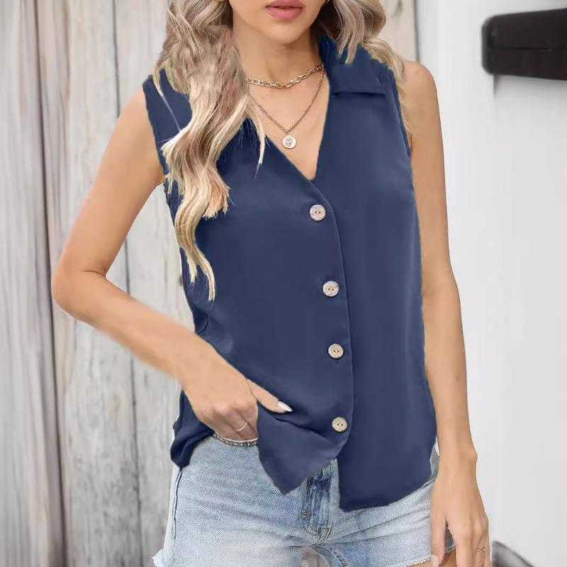 Women Summer New Style Solid Color V Neck Loose Chiffon Shirt Sleeveless Button Down Vest Blouse