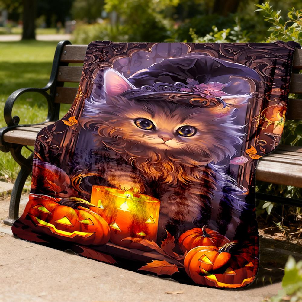 1pc Witch Hat Kitty Art Throw Blanket Polyester Fiber, Lightweight Flannel, Soft & Warm, All Season Use for Outdoor, Camping Digital Print