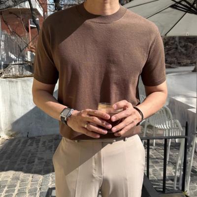 Summer Men T-Shirt Crew Neck Solid Color Short Sleeves Knitted Shirt Breathable Slim