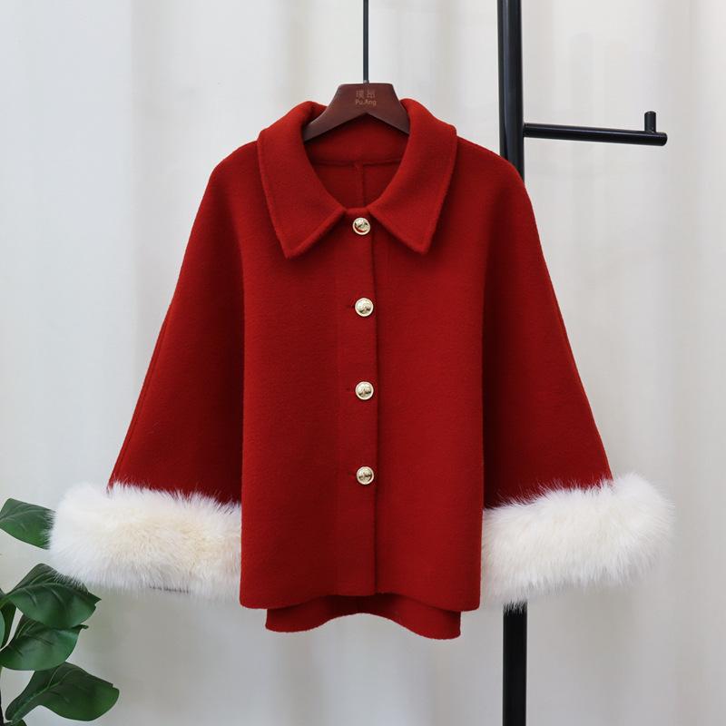 Autumn and Winter New Knitted Double-sided Woolen Cloak Light Luxury Fluff High-end Temperament Coat Shawl Women
