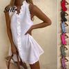 Rochie de vară mini cu volane, prietenoasă cu pielea, pentru femei, fără mâneci, cu decolteu în V, din bumbac, casual, rochie scurtă din in pentru femei, rochie de soare A-line pentru vacanță la plajă Boho, relaxată