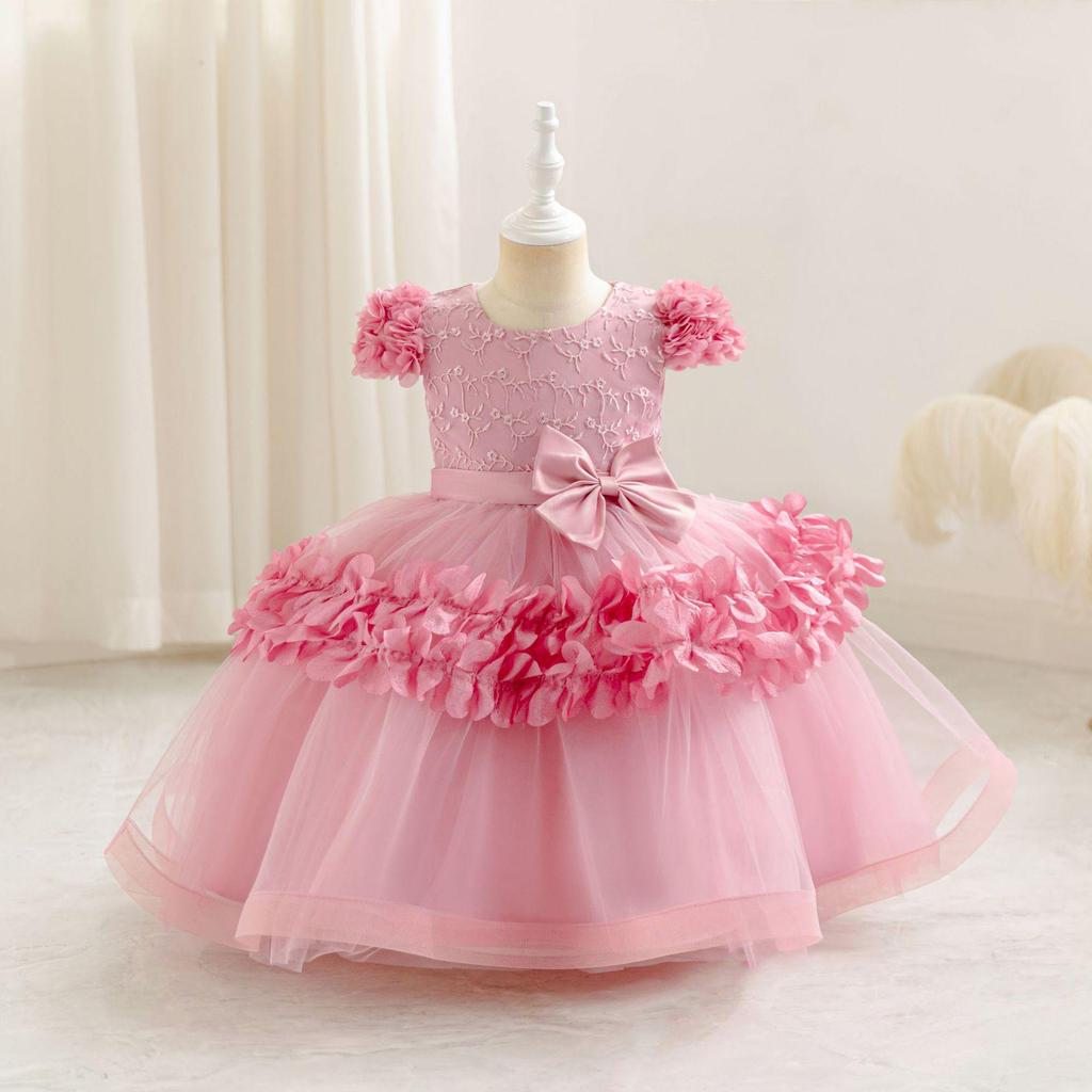 Girls' First Birthday Princess Bow Dress - Floral Mesh Summer Style