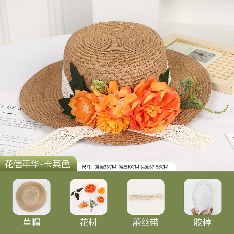 DIY Handmade Straw Hat Straw Shade Floral Fashion Shade Hat Leisure Activities Heavy Industry Flat Top Gift Hat