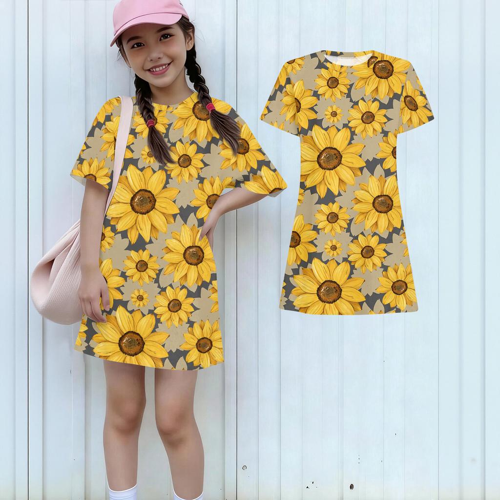 Girls Print Casual Dress Kids Loose Round Neck Short Sleeve Thin Sundress