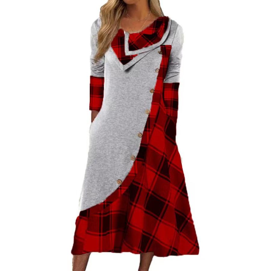 

Women s Printed Plaid Patchwork Button Pocket Stand Collar Long Sleeve Dress Elegant Style 3XL сірий колір