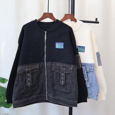 Spleiß-Denim-Strick-Doppelseitiger Cardigan Herbst und Winter Neu Lockerer Baseball-Trikot-Pullover Jacke Damen