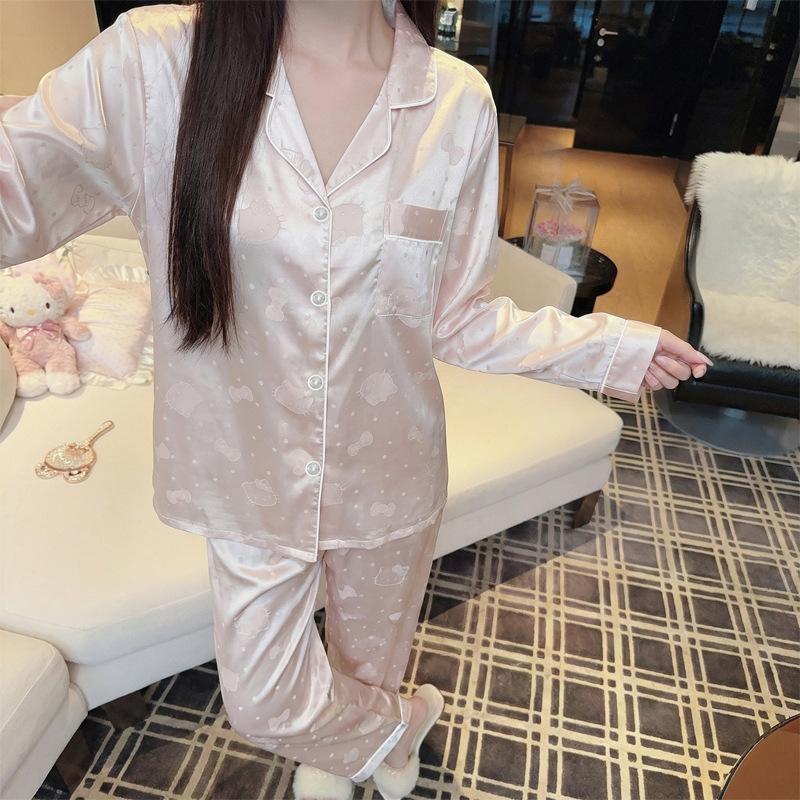 French Girl Ice Silk Pajamas Women'S Spring And Summer Thin Long-Sleeved Trousers Jacquard Sweet Wind Silk Loungewear Can Be Worn Outside