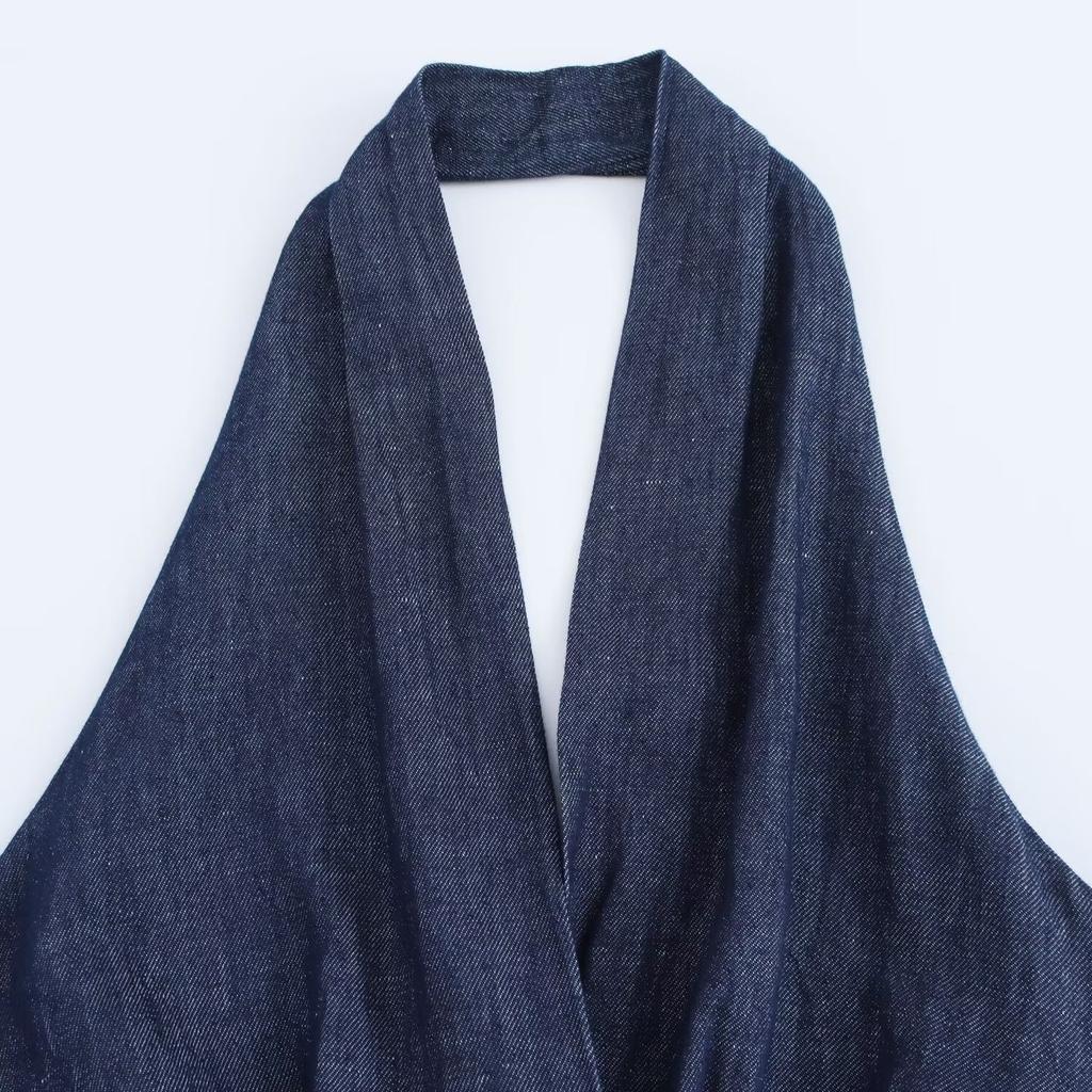 Women's Fashion New Arrival: European and American Tie-up Denim Halter Collar Backless Midi Dress