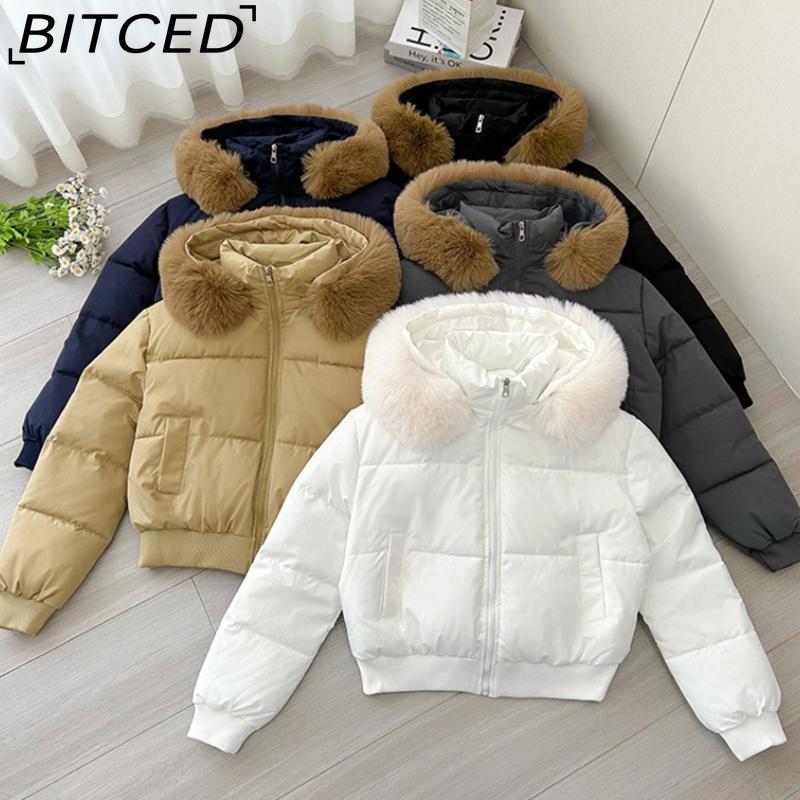 BITCED High-Waisted Oversized Fur-Trimmed Hooded Cropped Cotton Jacket for Women Autumn/Winter Down-Filled Cotton Jacket Slim-Fit Jacket Outerwear