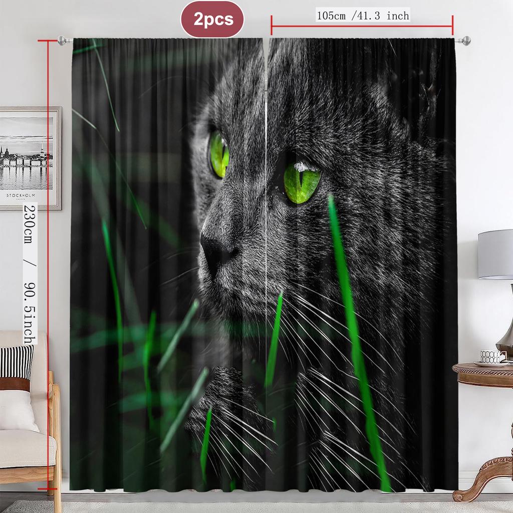 2PC Home Decoration Curtains, Cute Cat Background With Pole Pocket Curtains, Kitchen, Coffee Shop, Living Room, Balcony, Garden